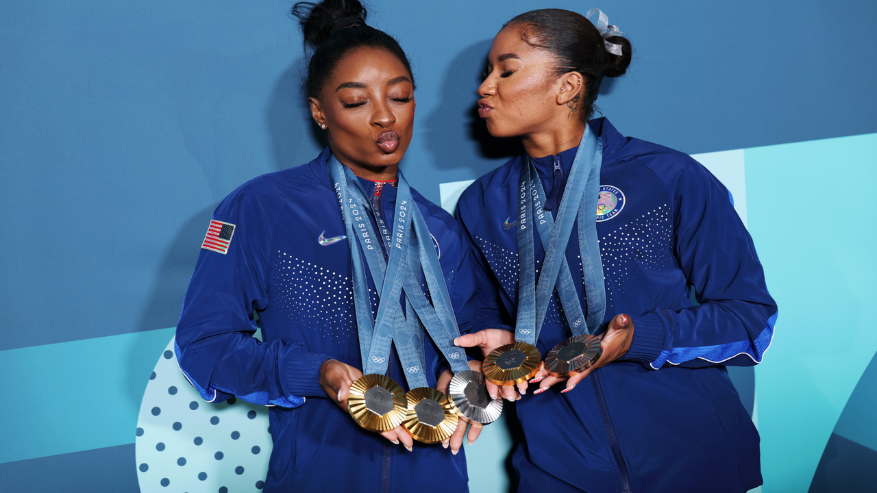 Simone Biles and Jordan Chiles of Team United States pose with their Paris 2024 Olympic medals following the Artistic Gymnastics Women&#039;s Floor Exercise Final on day ten of the Olympic Games Paris 2024 at Bercy Arena on August 05, 2024 in Paris, France