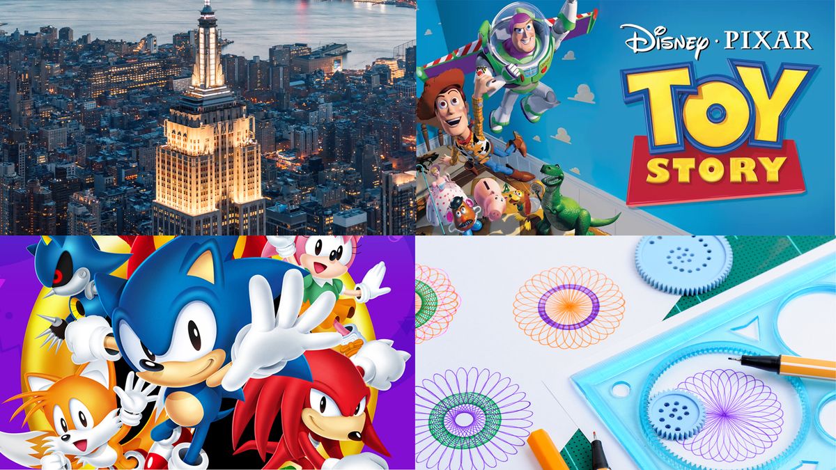 the empire state building, Toy Story poster, Sonic the hedgehog and a spirograph - four pictures comped together