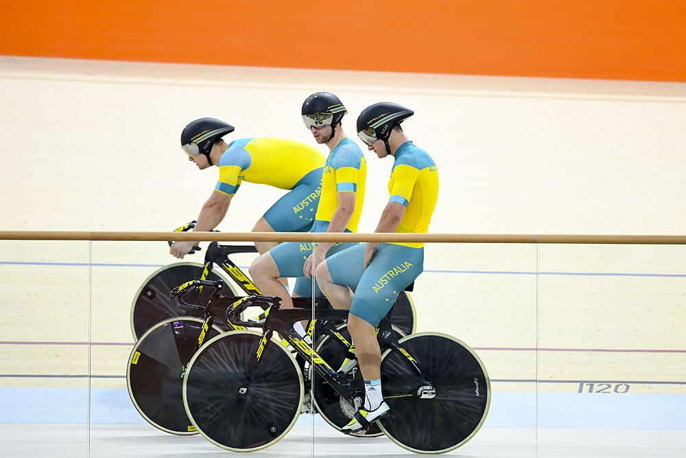 The Australian men train on the velodrome in Rio