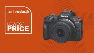Canon EOS R100 kit on an orange background with a TechRadar deal overlay for the lowest price
