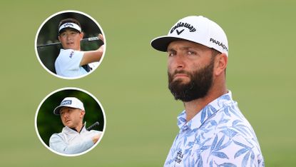 Main image of Jon Rahm scowling towards the camera with Mackenzie Hughes (lower) and Carl Yuan (upper) inset to the left