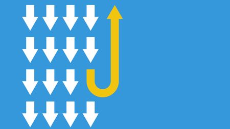 4 rows of white arrows point down and one yellow arrow U-turns upward.