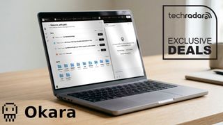 A laptop running Okara AI, with the Okara logo in the lower left corner, and a black TechRadar badge in the upper right that reads 'Exclusive Deals'