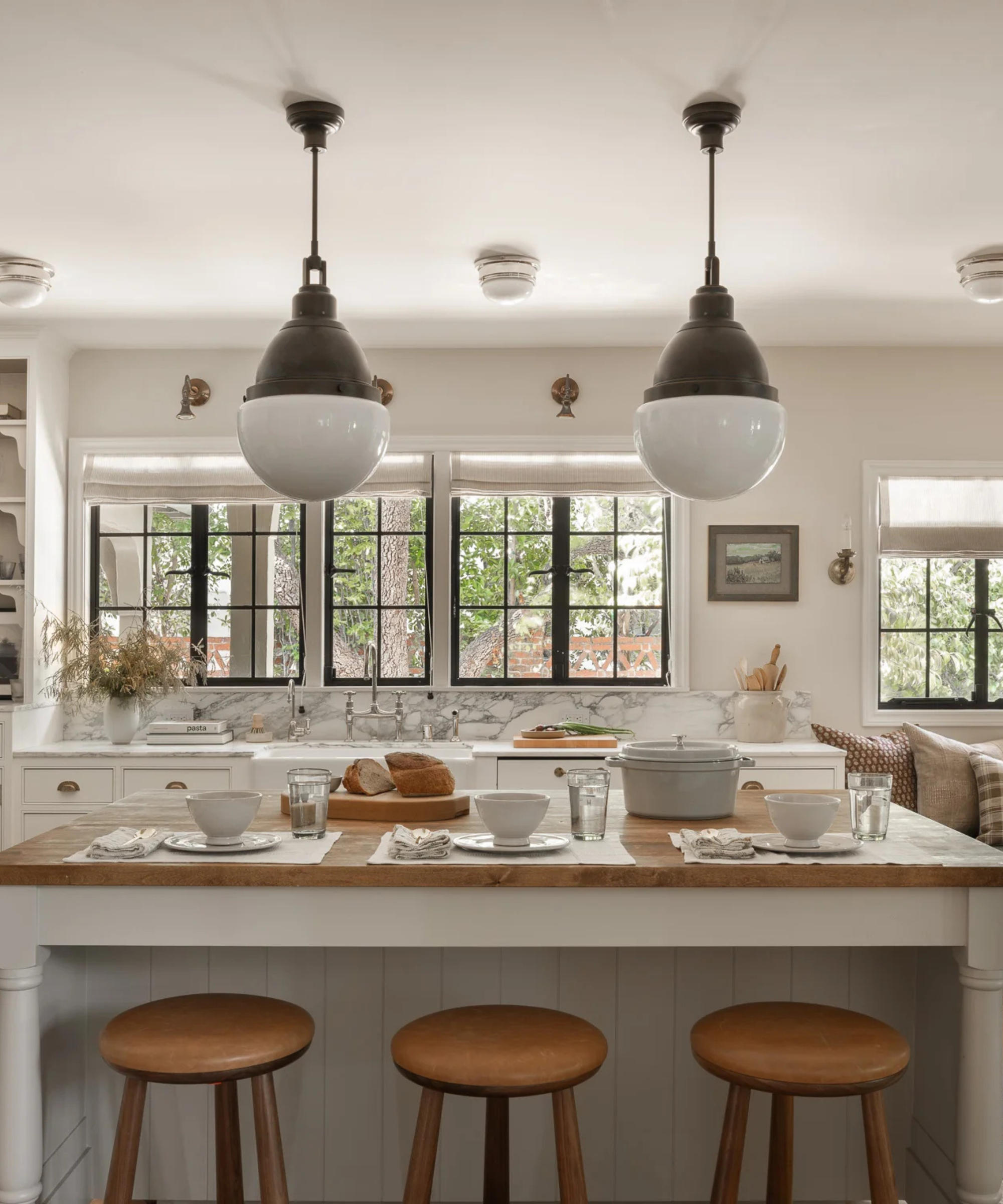 a kitchen with a butcher block countertop