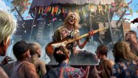 Dead Island 2 promo art - zombie playing an electric guitar on stage while a zombie audience watches