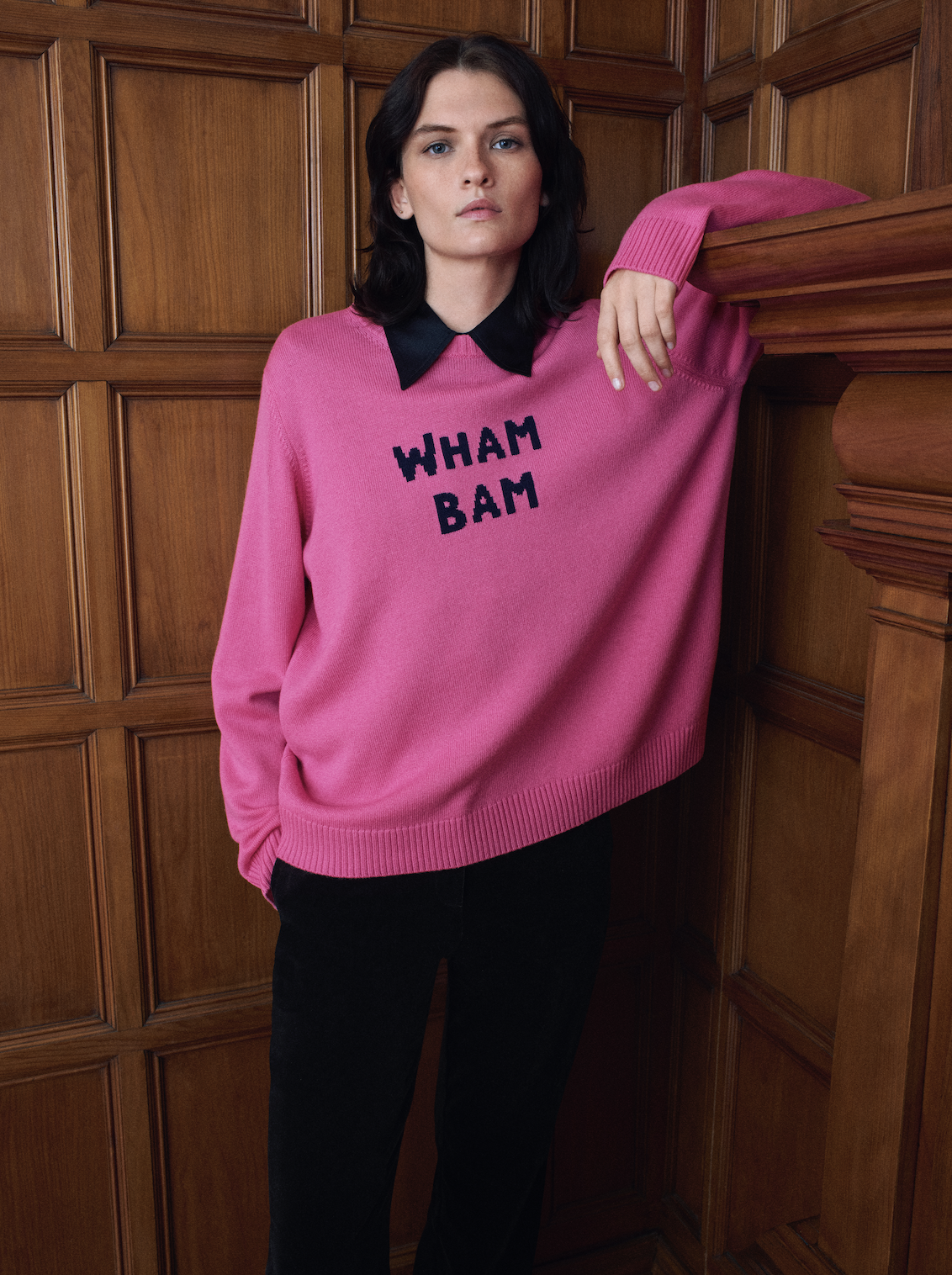 a model wears a pink jumper from the bella freud x M&amp;amp;S collab