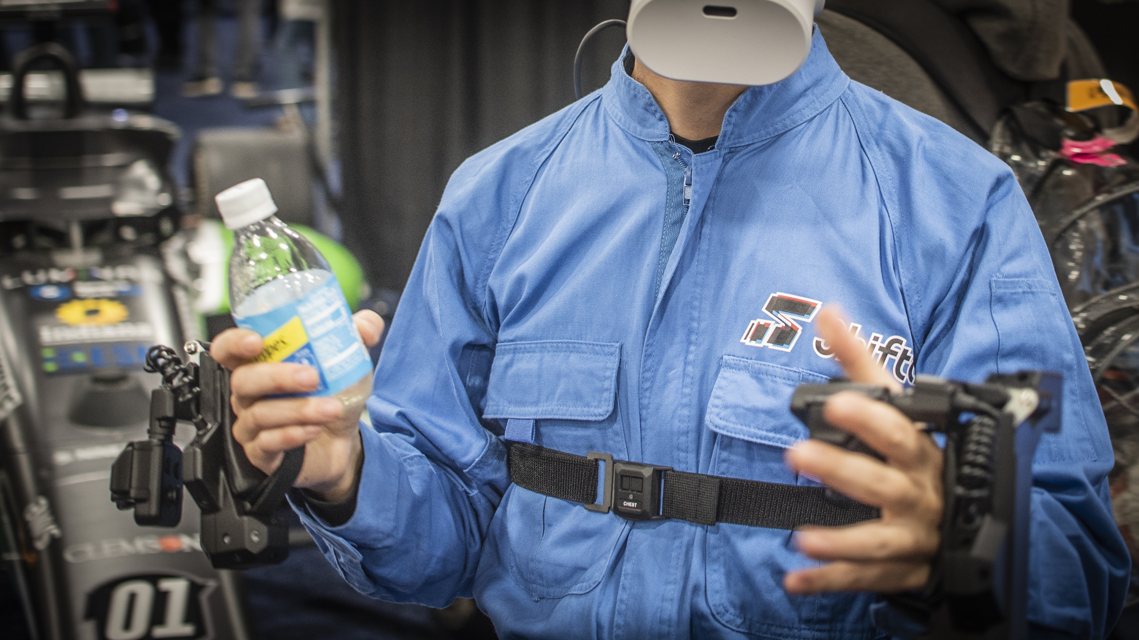 Shiftall Mutalk privacy microphone on man wearing VR gear