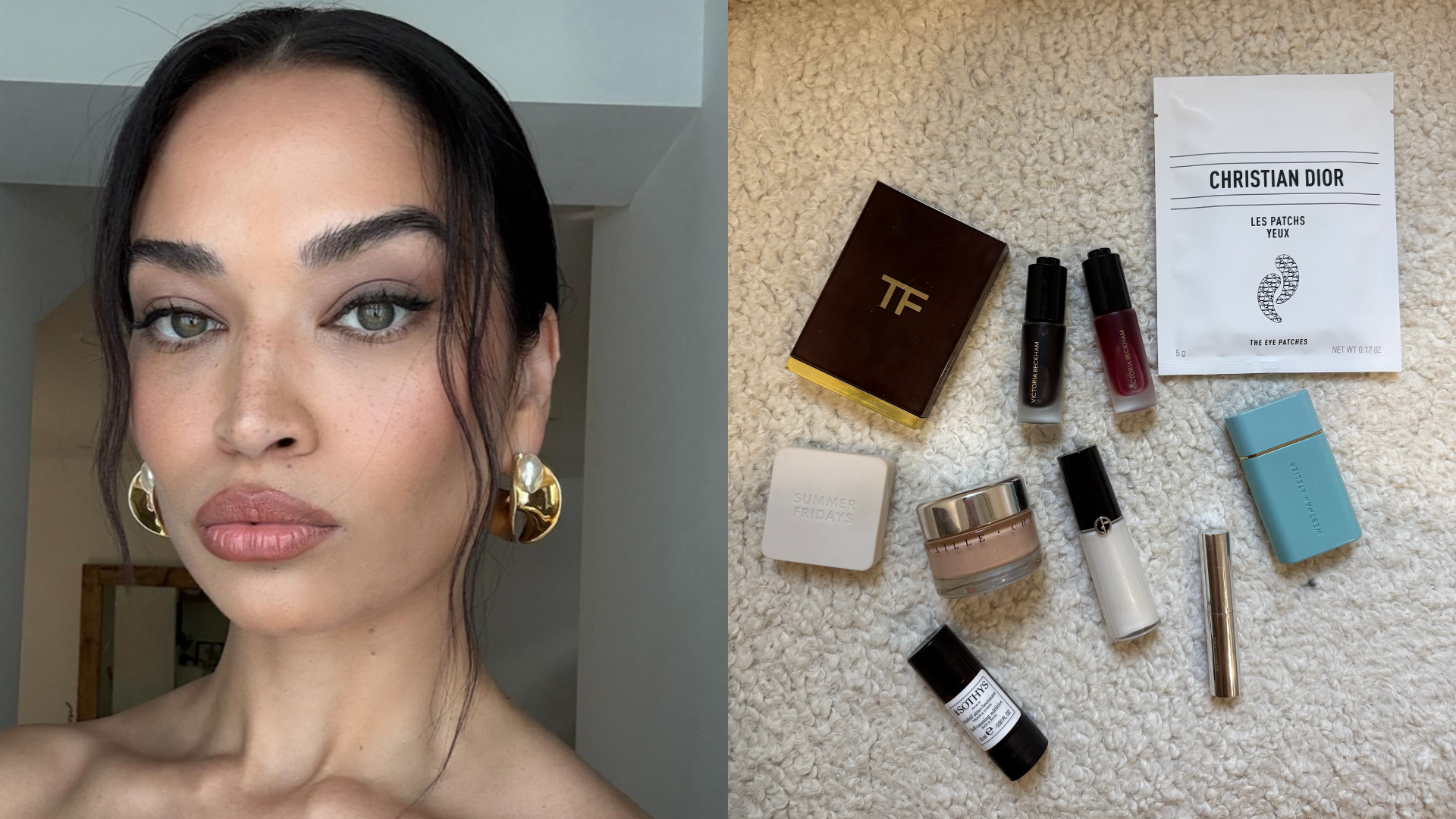 Photo collage of Shanina Shaik and Jamie Schneider&#039;s makeup staples 