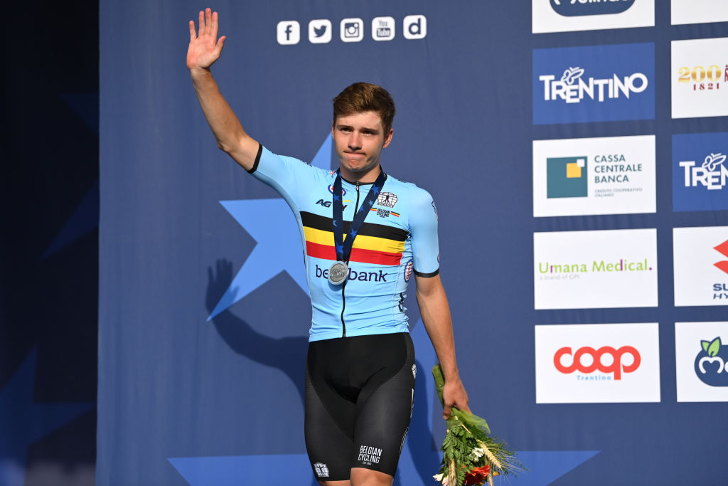 TRENTO ITALY SEPTEMBER 12 Remco Evenepoel of Belgium poses in disappointment with the silver medal after the 27th UEC Road Cycling European Championships 2021 Elite Mens Road Race a 1792km race from TrentoPiazza Duomo to TrentoPiazza Duomo UECcycling on September 12 2021 in Trento Italy Photo by Justin SetterfieldGetty Images