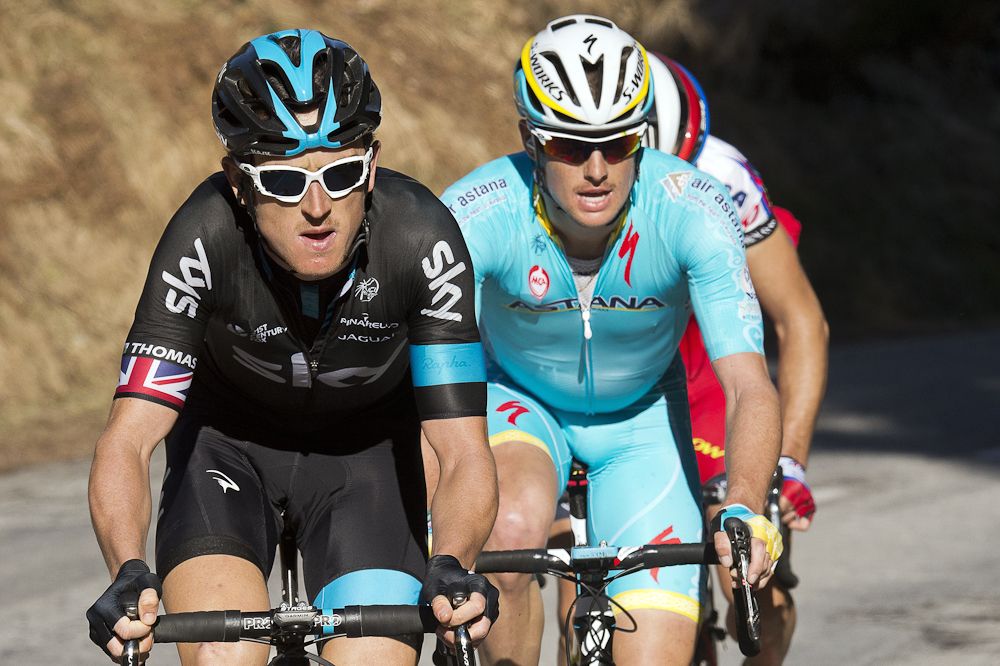 Great Britain's Geraint Thomas, Denmark's Jakob Fuglsang and Slovakia's Simon Spilak (hidden) ride in a breakaway during the fourth stage of Paris-Nice.