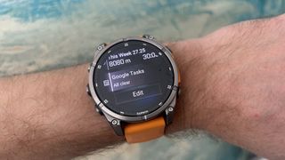 Garmin Fenix 8 ComingUp app showing an empty Google Tasks list