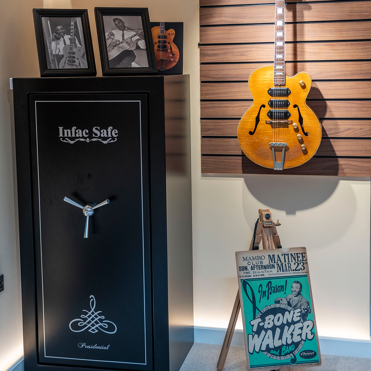 In the brand new high-end and vintage lounge at Regent Sounds, Walker's Gibson ES-5 hangs next to the safe that houses it