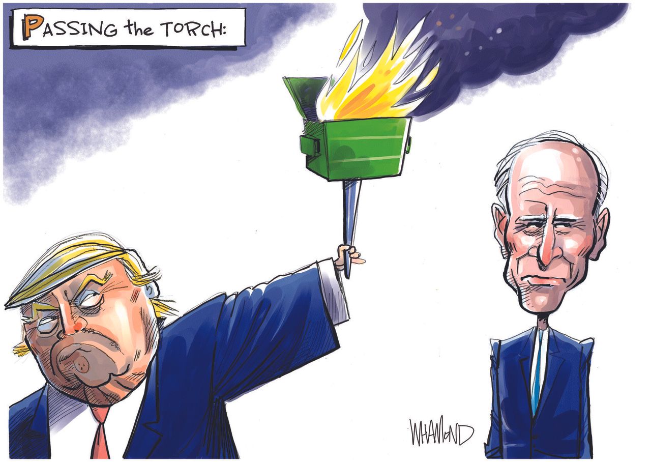 Political Cartoon U.S. Trump Dumpster Fire Biden Passing the Torch