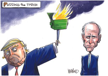 Political Cartoon U.S. Trump Dumpster Fire Biden Passing the Torch