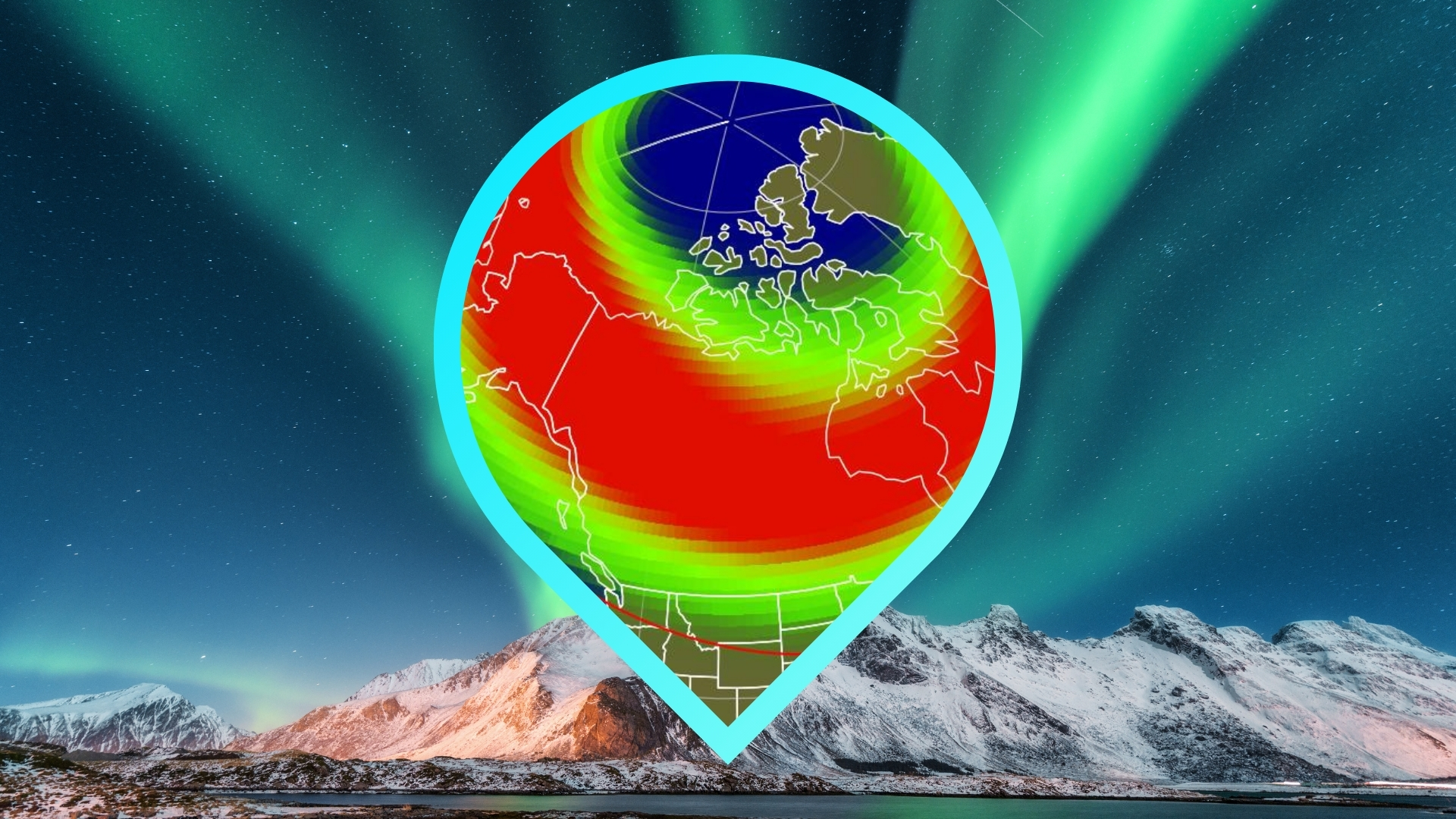 Aurora forecast maps for tonight showing possible aurora view line covering 16 us states. In the background is a image of green ribbons of auroras shining over snowcapped mountains.