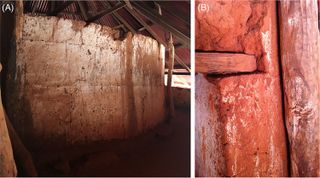 Two images of the tomb walls. They have a red tint.