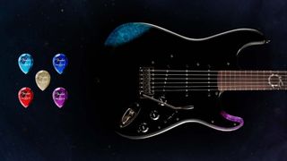 Fender's Final Fantasy XIV Stratocaster (right) and Crystal Shard picks