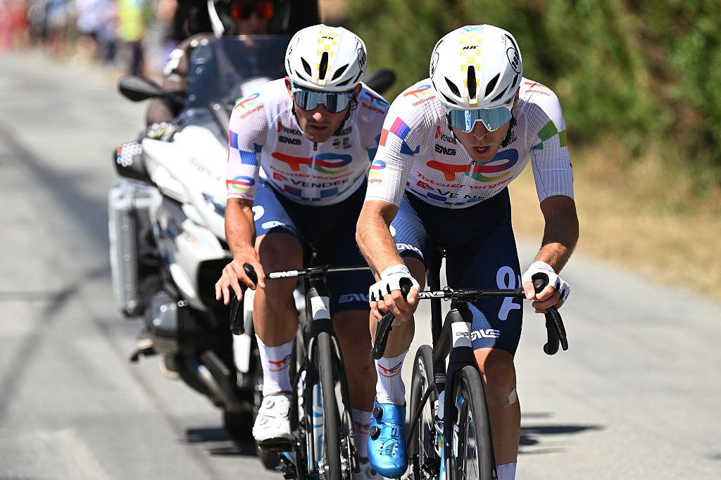 LAVAL, FRANCE - JULY 12: (L-R) Mathieu Burgaudeau of France and Matteo Vercher of France and Team TotalEnergies compete in the breakaway during the 112th Tour de France, Stage 8 a 197km stage from Saint-Meen-le-Grand to Laval (Espace Mayenne) / #UCIWT / on July 12, 2025 in Laval, France.