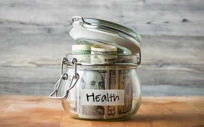 Glass jar with the label healthcare