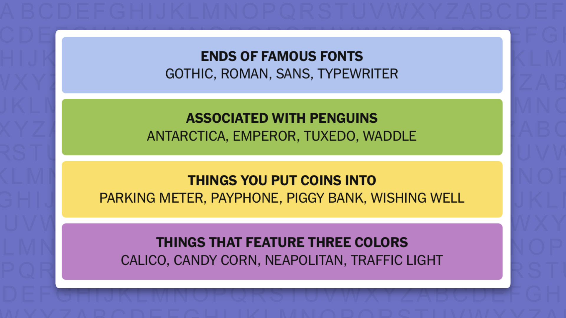 NYT Connections answers for game 1236 on a purple background