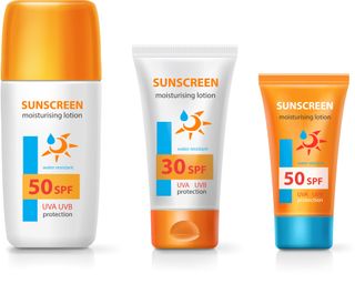 An image of 3 SPF bottles that are orange and white. They have different SPF ratings, the left and right bottles are SPF 50 and the middle bottle are SPF 30.