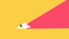 An illustration of a person riding a paper plane across a giant yellow expanse, leaving a red trail in their wake, to represent academics moving into tech.