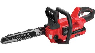 red and black battery-powered chainsaw