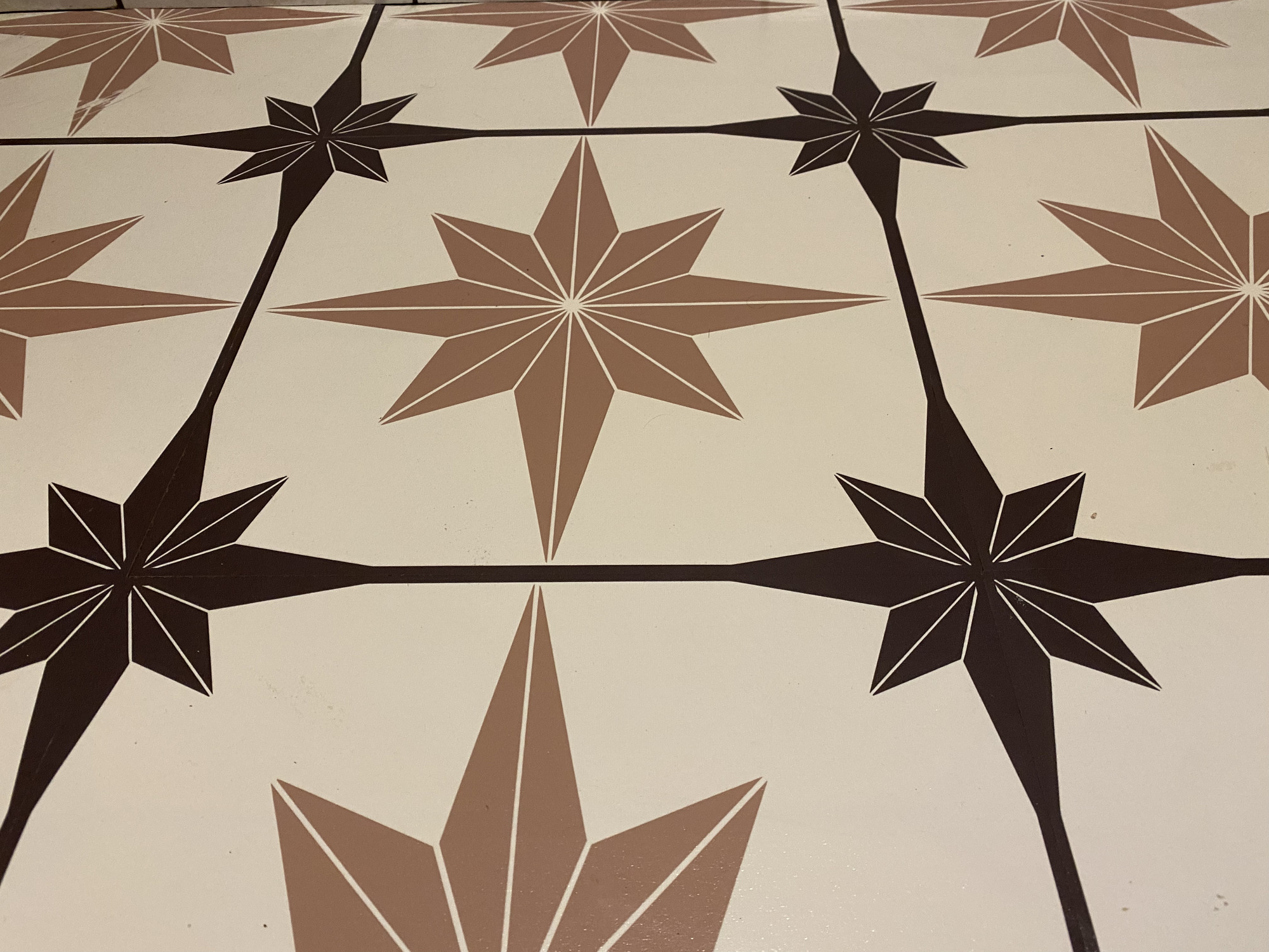 Close up of Moroccan-inspired vinyl floor tiles with star motif
