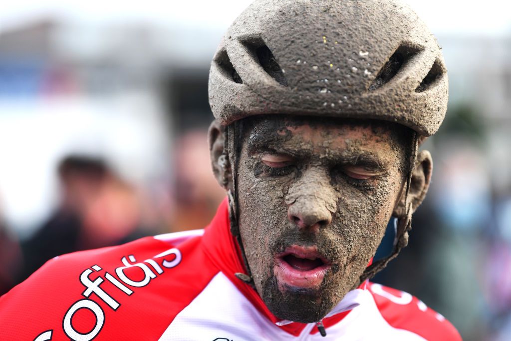 ROUBAIX FRANCE OCTOBER 03 Christophe Laporte of France and Team Cofidis covered in mud after the 118th ParisRoubaix 2021 Mens Eilte a 2577km race from Compigne to Roubaix ParisRoubaix on October 03 2021 in Roubaix France Photo by Tim de WaeleGetty Images