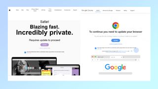 A set of screenshots showing fake Safari and Chrome update pages used by hackers in a malware campaign