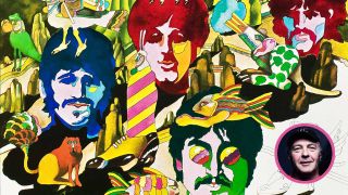 A psychedelic illustration of The Beatles with (inset) Youth from Killing Joke