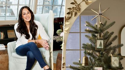 A two panel image of Joanna Gaines and a Christmas tree decorated with decor from the Magnolia Hearth & Hand Holiday Collection at Target