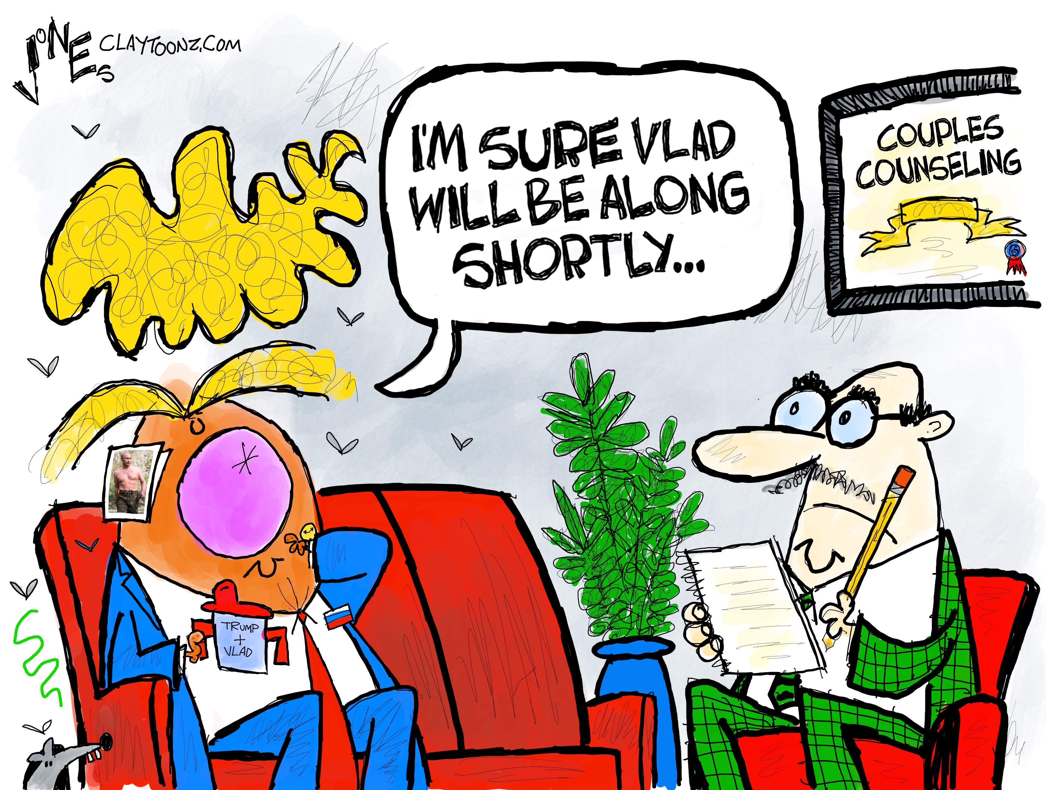 This editorial cartoon shows Donald Trump with a psychiatrist in a room set aside for couples counseling. Trump holds a sippy cup that reads “Trump+Vlad” and has a picture of a shirtless Vladimir Putin stuck to his head. Trump says, “I’m sure Vlad will be along shortly.”