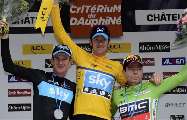 The final podium of the 2012 Crit&eacute;rium du Dauphin&eacute;: Michael Rogers and Bradley Wiggins (Sky) and Cadel Evans (BMC)