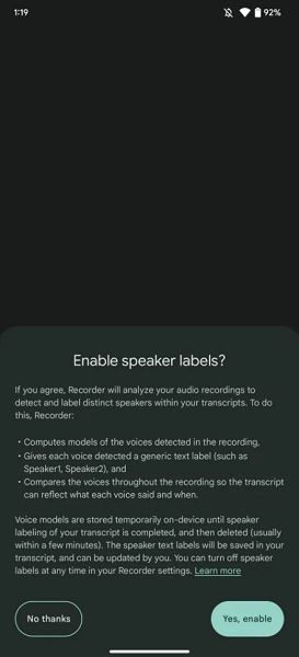 Enabling speaker labels on Google's Recorder app.