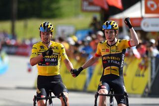 PLATEAU DE SALAISON FRANCE JUNE 12 LR Race winner Primoz Roglic of Slovenia Yellow Leader Jersey and stage winner Jonas Vingegaard Rasmussen of Denmark and Team Jumbo Visma celebrate at finish line during the 74th Criterium du Dauphine 2022 Stage 8 a 1388km stage from SaintAlbanLeysse to Plateau de Salaison 1495m WorldTour Dauphin on June 12 2022 in Plateau de Salaison France Photo by Dario BelingheriGetty Images