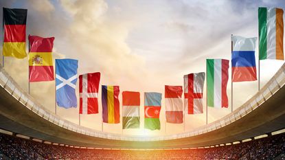 European country flags lining soccer stadium
