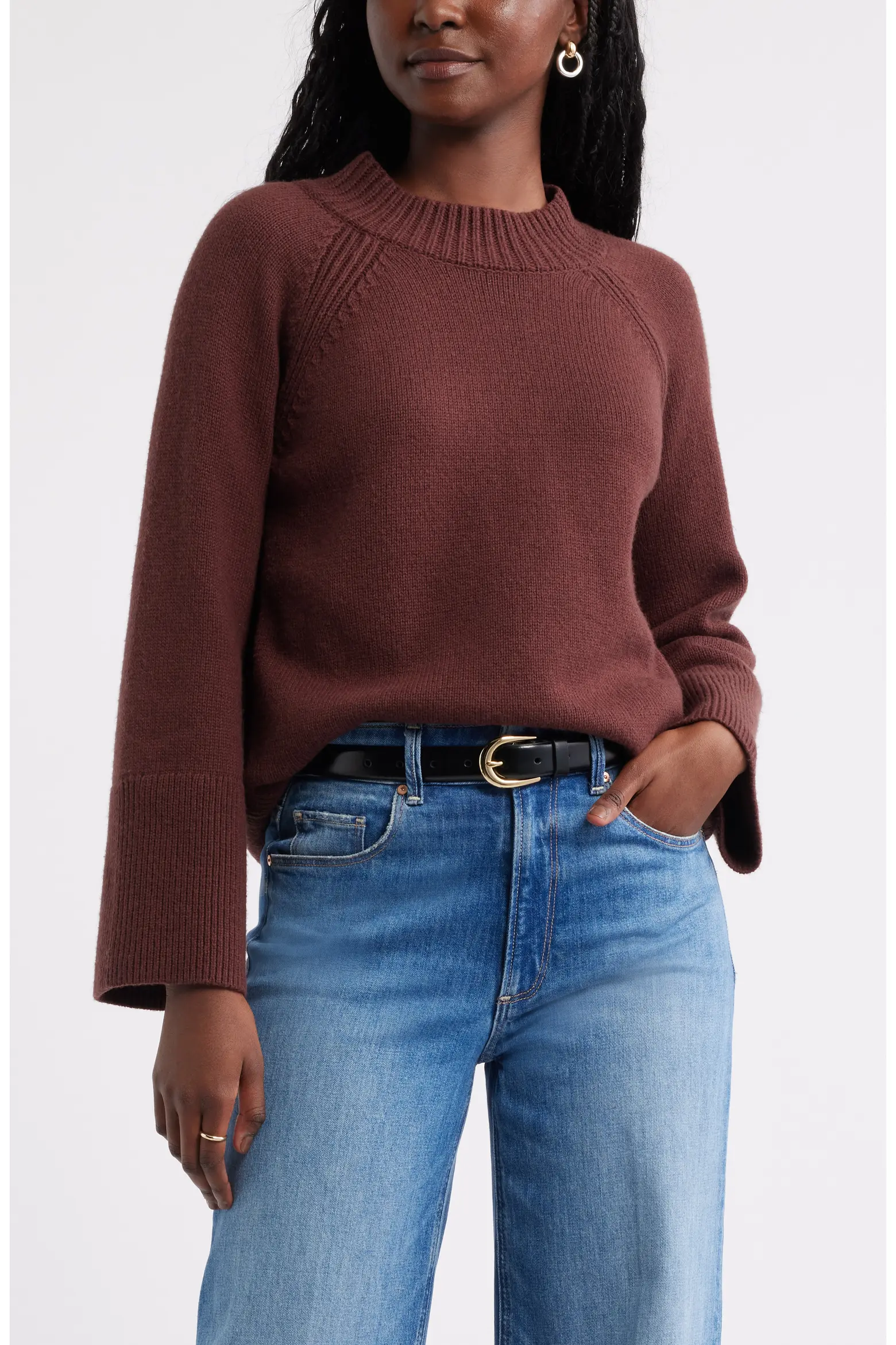 Caslon&amp;reg;, Bell Sleeve Mock Neck Merino Wool &amp;amp; Cotton Sweater