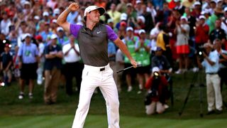 Rory McIlroy celebrates after winning the 2014 PGA Championship