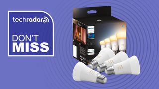 Philips Hue White & Colour Ambiance bulbs on purple background with white text reading 'TechRadar don't miss'