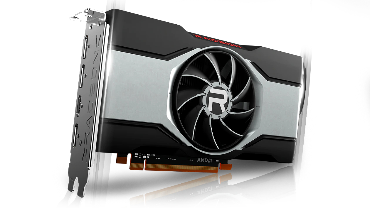 AMD Radeon RX 6600 XT at an angle against a white background