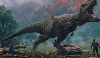 Jurassic World: Fallen Kingdom Rexy saves the day in front of a volcano
