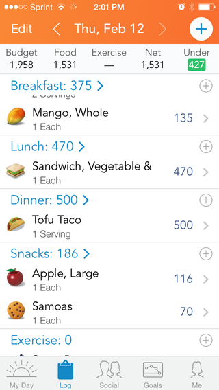 This screen in the LoseIt! app shows all of the food eaten during one day.