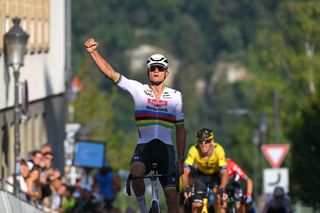 LUXEMBOURG LUXEMBOURG SEPTEMBER 18 Mathieu Van Der Poel of The Netherlands and Team AlpecinDeceuninck celebrates at finish line as stage winner during the 84th Tour de Luxembourg 2024 Stage 1 a 158km stage from Luxembourg to Luxembourg 288m UCIWT on September 18 2024 in Luxembourg Luxembourg Photo by Tim de WaeleGetty Images