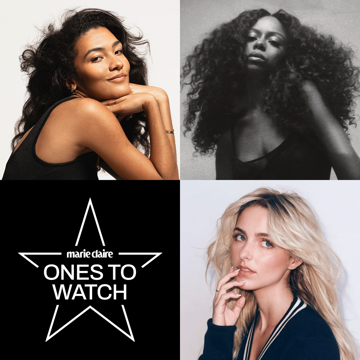 a star that says marie claire ones to watch surrounded by a gif of different stars headshots 