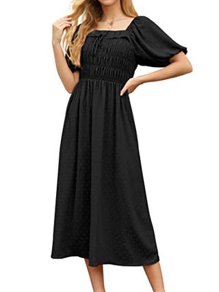 Grecerelle Womens Summer Casual Midi Maxi Dress Square Neck Half Sleeve Ruffled Backless Smocked Elastic Waist Swiss Dot Cocktail Long Dresses for Ladies (black, L)