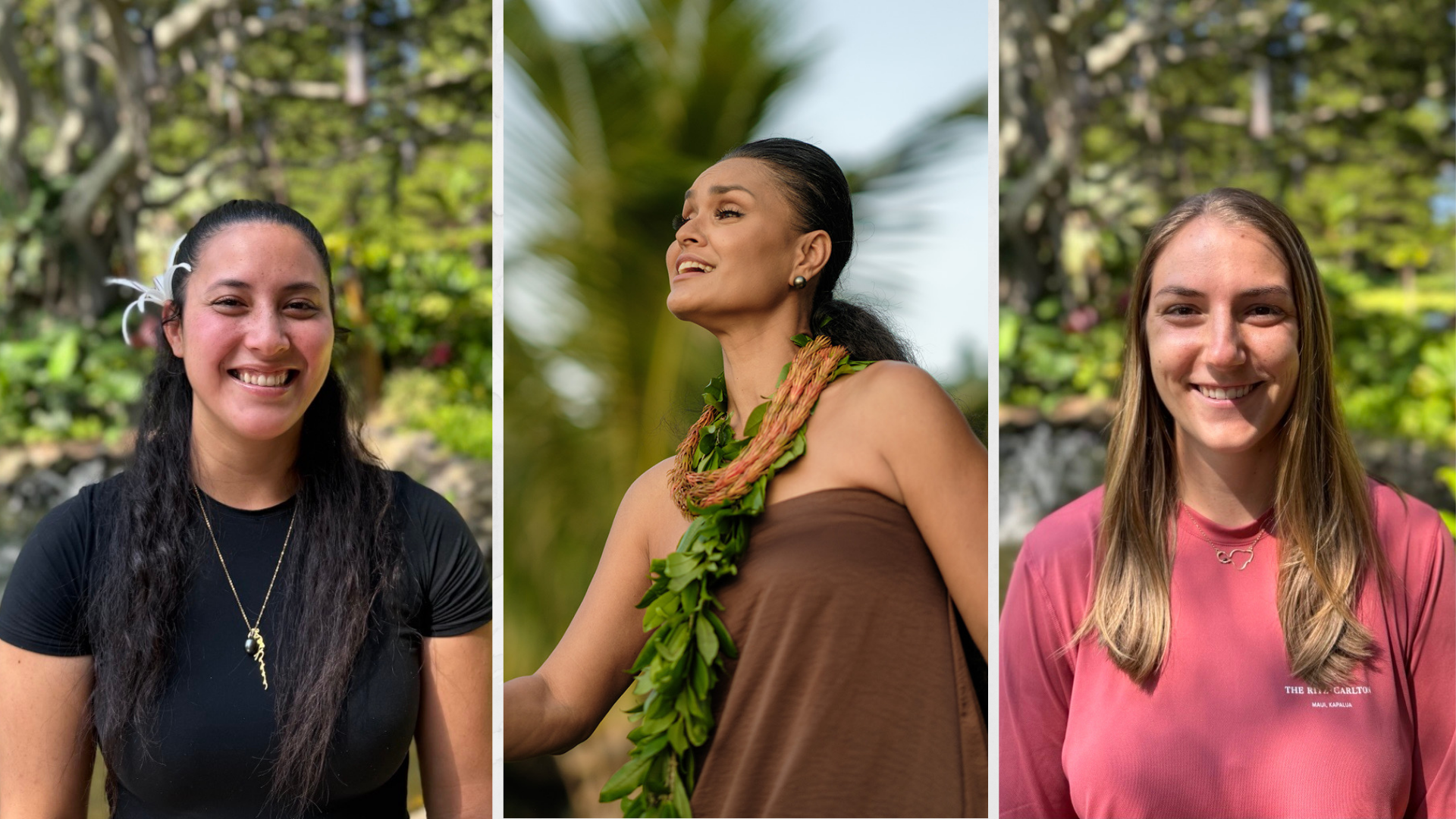 From left to right, Kapua Zarrin-Taj Whitford, Alaana Seno, and Allison Strassburg pictured outdoors in Hawaiʻi, with lush greenery and palm trees in the background.