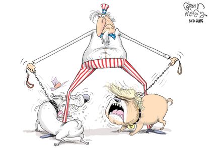Political Cartoon U.S. Uncle Sam dogs fighting government