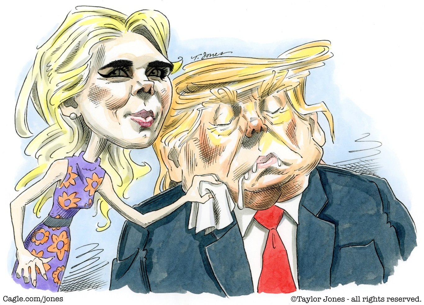 
                                A sharply-dressed Natalie Harp wipes the drool from a sleeping Donald Trump's mouth in this political cartoon.
                            