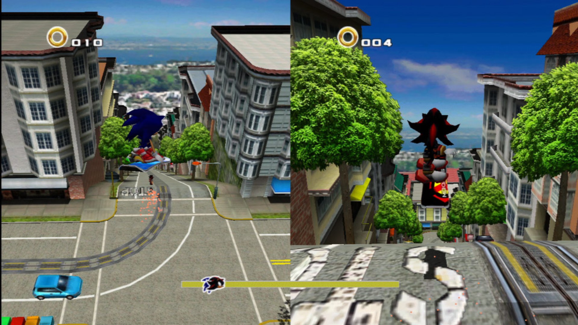 Sonic vs Shadow splitscreen riding down the hill